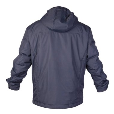 Beyaz arka planda izole edilmiş kapüşonlu bir erkek ceketi. Rüzgâr Kırması