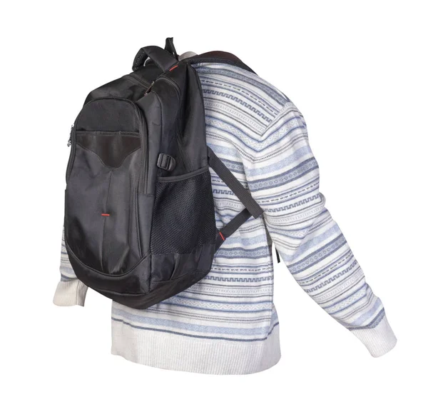 Czarny plecak ubrany w dziany sweter izolowany na białym — Zdjęcie stockowe