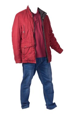 Beyaz arka planda izole edilmiş ceket, gömlek ve kot pantolon. Kazandı.