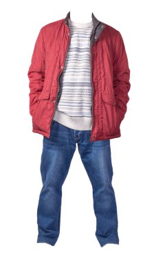 Beyaz arka planda izole edilmiş ceket, kazak ve kot pantolon. cas