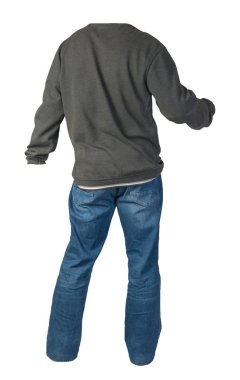 Beyaz arka planda izole edilmiş erkek kazağı ve kot pantolon. Sıradan pıhtı.