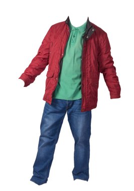 Beyaz arka planda izole edilmiş ceket, gömlek ve kot pantolon. Kazandı.