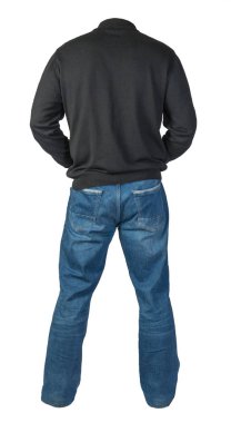 Beyaz arka planda izole edilmiş erkek kazağı ve kot pantolon. Sıradan pıhtı.