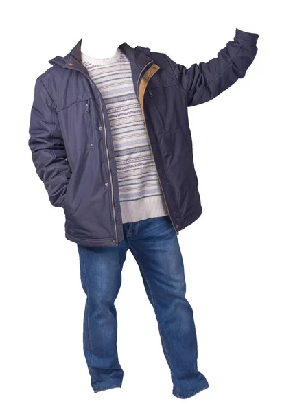 Jacket, sweater and blue jeans isolated on white background. cas — 스톡 사진