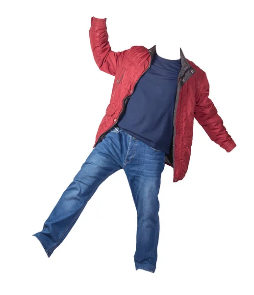 Jas, trui en blauwe jeans geïsoleerd op witte achtergrond. casual kleding — Stockfoto