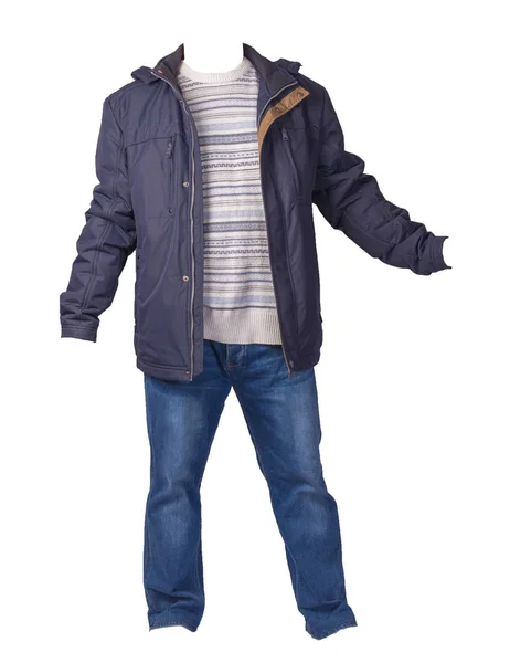 Jas, trui en blauwe jeans geïsoleerd op witte achtergrond. casual kleding — Stockfoto