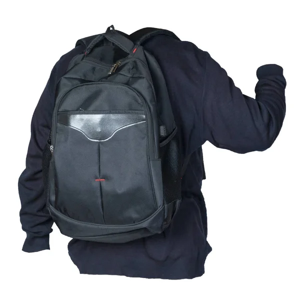 Schwarzer Rucksack, bekleidet mit einem Strickpullover auf weißem Hintergrund. — Stockfoto