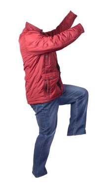 Beyaz arka planda erkek ceketi ve kot pantolon izole edildi. 