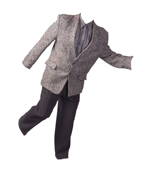 男式灰色夹克，衬衫和裤子，白色背带隔离 — 图库照片