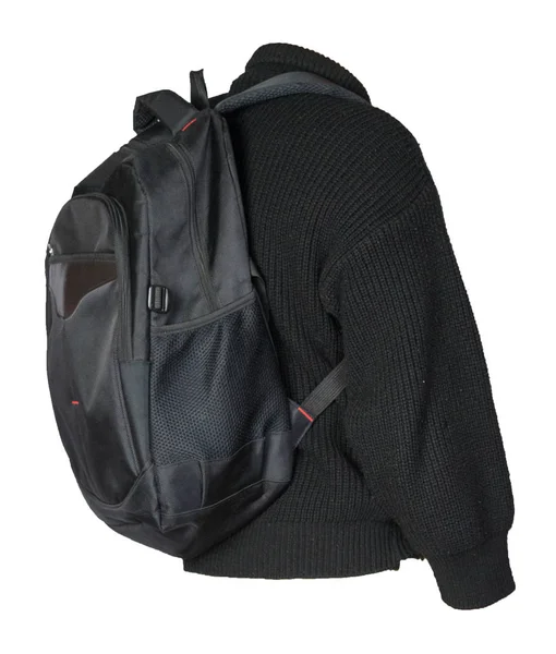 Чорний рюкзак, одягнений у в'язаний светр ізольований на білому ба — стокове фото