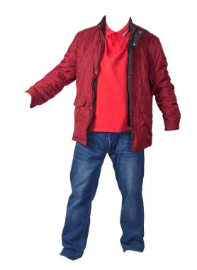 Beyaz arka planda izole edilmiş ceket, gömlek ve kot pantolon. Kazandı.