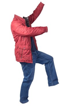 Beyaz arka planda izole edilmiş ceket, kazak ve kot pantolon. cas