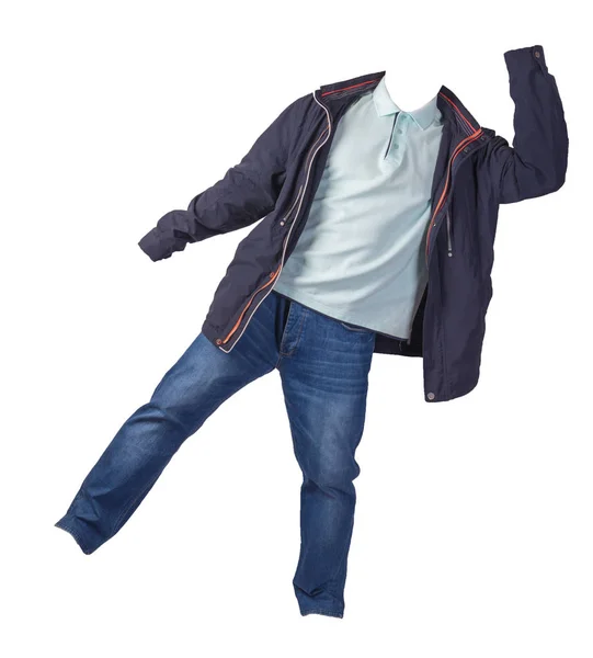 Jacke, Hemd und blaue Jeans auf weißem Hintergrund. casu — Stockfoto