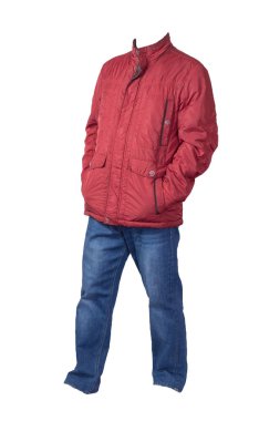 Beyaz arka planda erkek ceketi ve kot pantolon izole edildi.