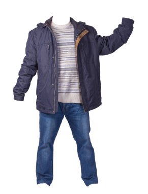 Beyaz arka planda izole edilmiş ceket, kazak ve kot pantolon. Sıradan kıyafetler.