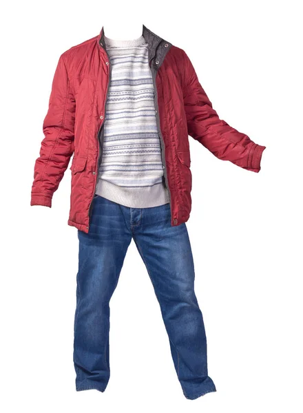 Jas, trui en blauwe jeans geïsoleerd op witte achtergrond. casual kleding — Stockfoto