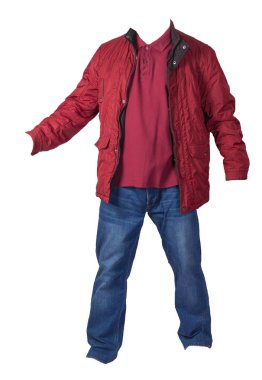 Beyaz arka planda izole edilmiş ceket, gömlek ve kot pantolon. Kazandı.