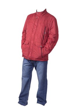 Beyaz arka planda erkek ceketi ve kot pantolon izole edildi. 