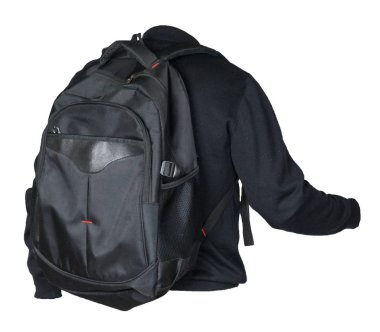  Örgü kazak giymiş siyah bir sırt çantası.