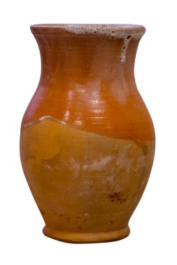  Beyaz arka planda kil sürahi izole edilmiş. Vintage boş sürahi saçı