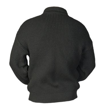 Beyaz arka planda izole edilmiş fermuarlı örülü bir kazak. Erkek kazağı boynun altında. .