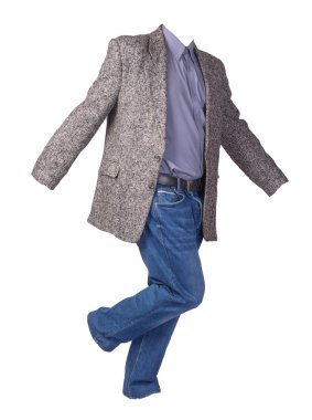 Beyaz arka planda izole edilmiş gömlekli ve kotlu ceket..