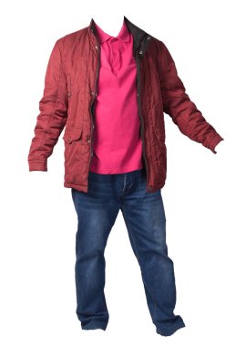 Beyaz arka planda izole edilmiş ceket, gömlek ve kot pantolon. Kazandı.