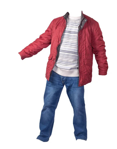 Jas, trui en blauwe jeans geïsoleerd op witte achtergrond. cas — Stockfoto