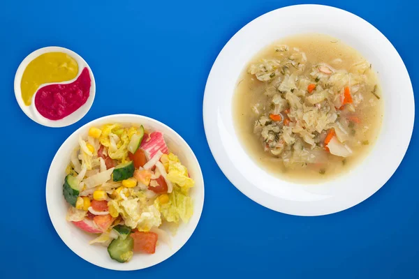 Cabbage Soup White Plate Blue Background Soup Vegetable Salad Vegetarian — 스톡 사진
