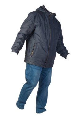 Mavi erkek ceketi ve mavi kot beyaz arka planda izole edilmiş. Günlük kıyafetler.