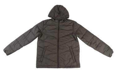 Beyaz arka planda izole edilmiş kapüşonlu koyu yeşil ceketli adamlar. Rüzgarlık ceketli üst manzara. Sıradan stil