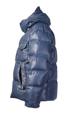 Beyaz arka planda izole edilmiş kapüşonlu erkek mavi ceketi. Rüzgarlık ceketi. Sıradan stil