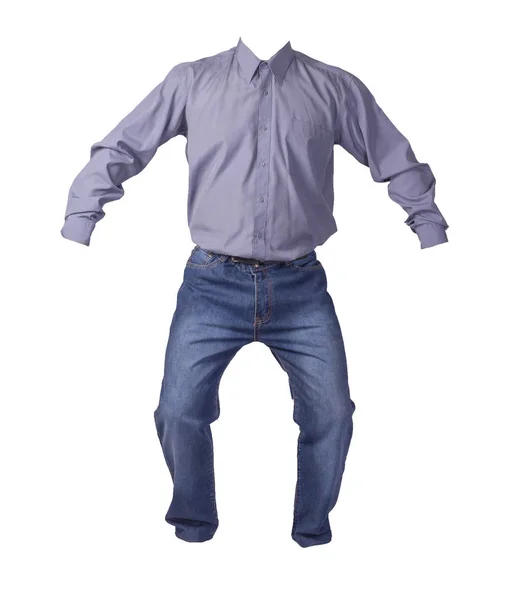 Camisa Cinza Roxo Masculino Com Mangas Compridas Jeans Azul Isolado — Fotografia de Stock