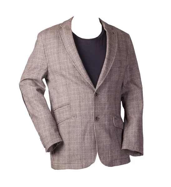 Beyaz arka planda düğmeleri olan gri ceketli adamlar. Sıradan tarz. Siyah tişörtlü erkek ceketi.