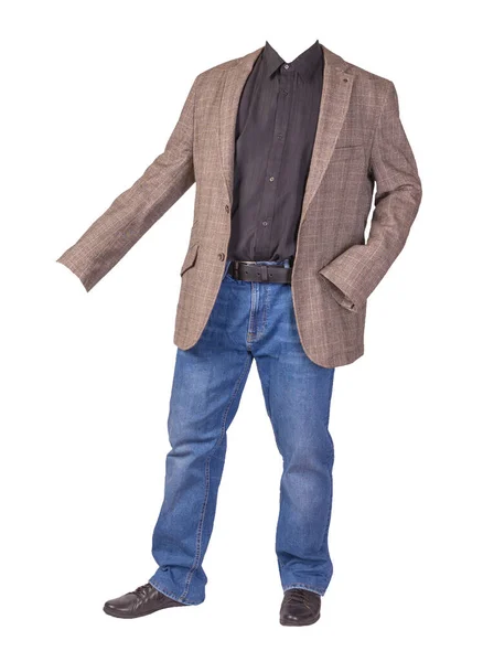 men's button light brown jacket, men's blue jeans, leather black shoes and a black shirt isolated on white background