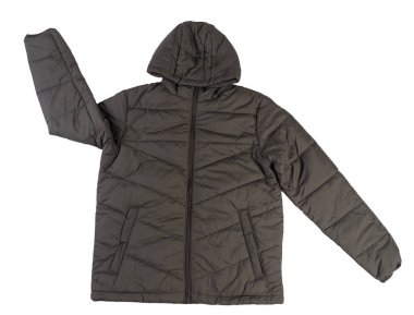 Beyaz arka planda izole edilmiş kapüşonlu koyu yeşil ceketli adamlar. Rüzgarlık ceketli üst manzara. Sıradan stil