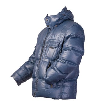 Beyaz arka planda izole edilmiş kapüşonlu erkek mavi ceketi. Rüzgarlık ceketi. Sıradan stil