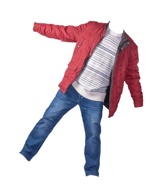 Giacca Rossa Maglione Grigio Blu Bianco Jeans Blu Isolati Sfondo — Foto Stock