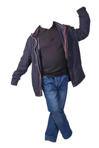 Blaue Jacke Schwarzer Pullover Und Blaue Jeans Auf Weißem Hintergrund — Stockfoto