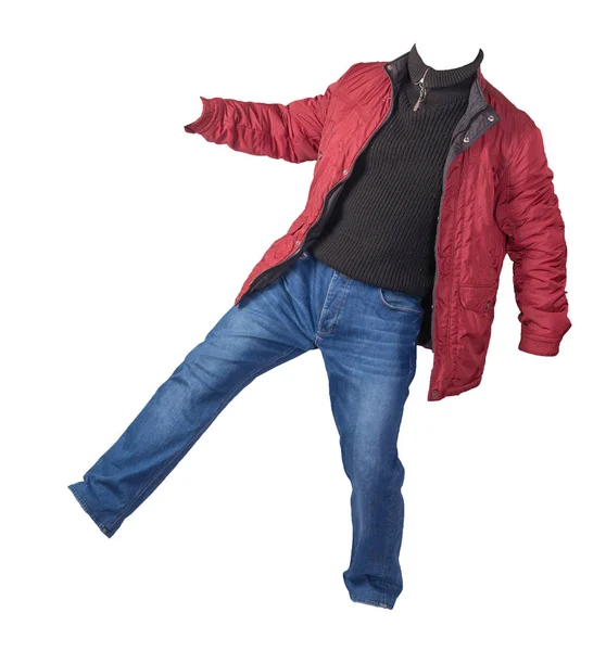 Giacca Rossa Maglione Nero Jeans Blu Isolati Sfondo Bianco Abbigliamento — Foto Stock