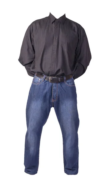 men's black shirt with long sleeves and blue jeans isolated on white background. casual wear