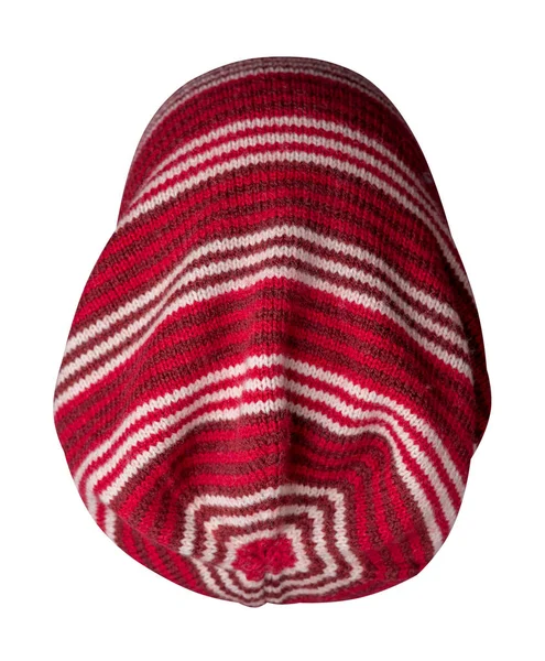 Cappello Donna Righe Bianche Rosse Cappello Lavorato Maglia Isolato Sfondo — Foto Stock