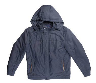 Beyaz arka planda izole edilmiş mavi erkek ceketi. Rüzgarlık ceketli üst manzara. Sıradan stil