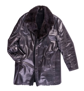 Deri erkek koyun derisi ceket, beyaz arka planda izole edilmiş. Kürk üst görüşlü siyah deri erkek ceketi.