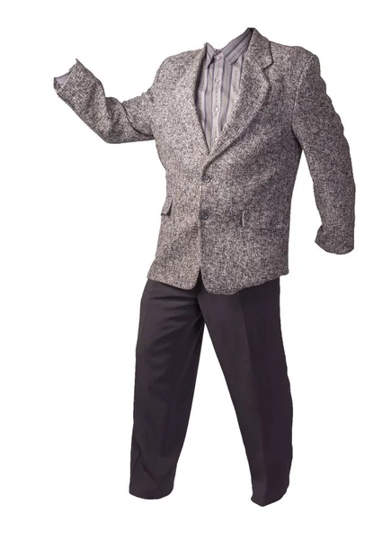 Male Gray Jacket Gray Shirt Black Trousers Isolated White Background — 스톡 사진