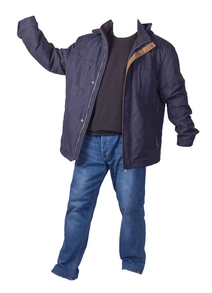 Blaue Jacke Schwarzer Pullover Und Blaue Jeans Auf Weißem Hintergrund — Stockfoto