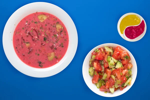 Beetroot Soup White Plate Vegetable Salad Blue Background Cold Soup — 스톡 사진