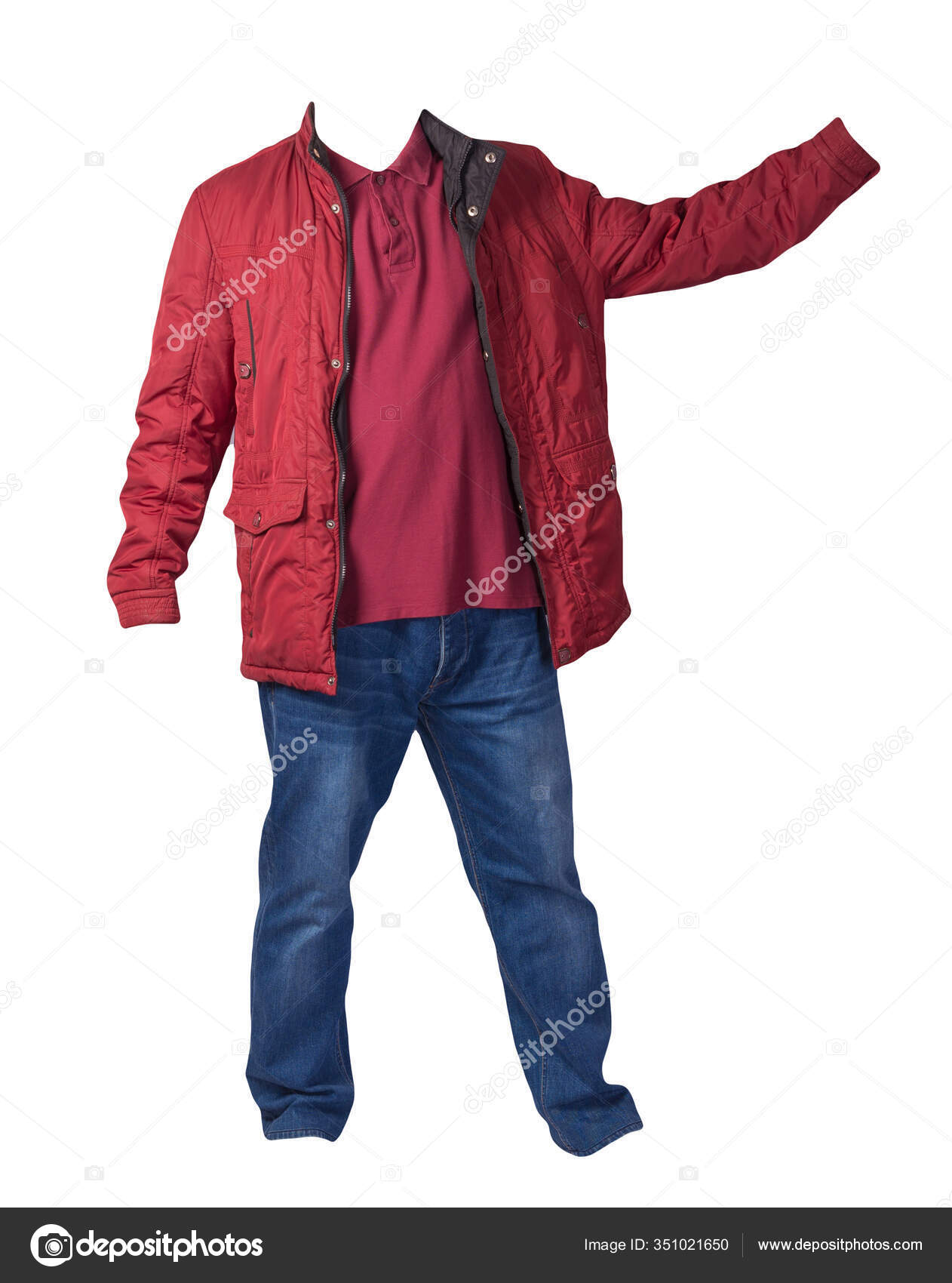 red shirt with dark blue jeans