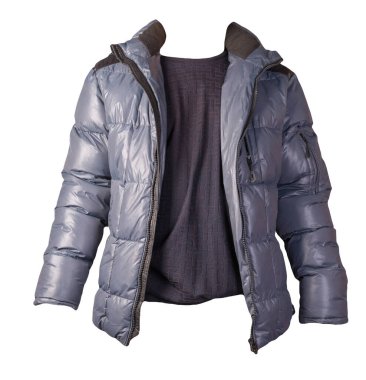 Mavi ceket ve koyu mavi süveter beyaz arka planda izole edilmiş. Bolonya ceketi ve yün kazak.