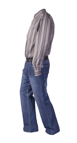 Camisa Listrada Cinza Dos Homens Com Mangas Compridas Jeans Azul — Fotografia de Stock